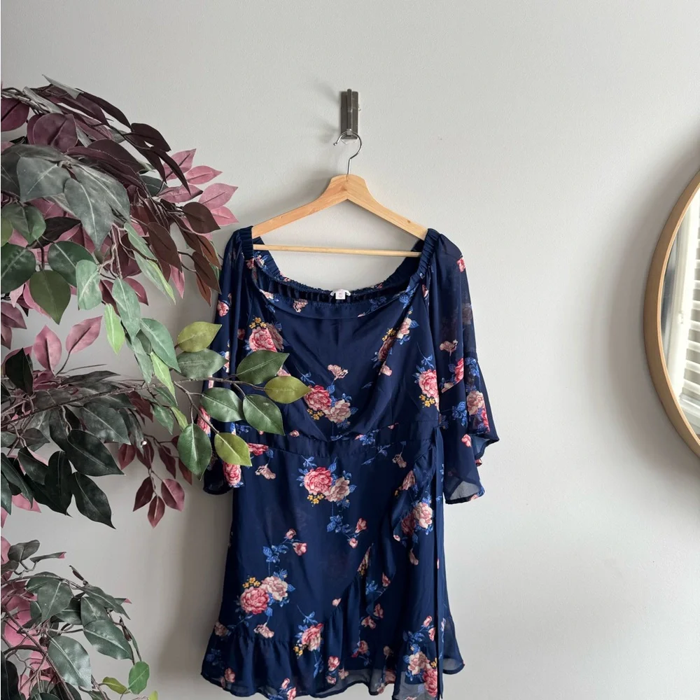 Xhilaration Navy Blue Floral Off-Shoulder Mini Dress - Picture 2 of 5